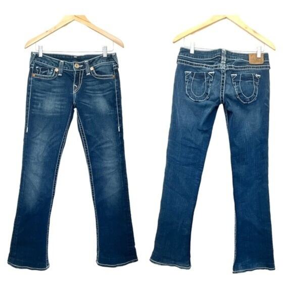 True Religion VTG Gina Super Boot Cut Jeans Sz 28 Women’s Low Rise Stitched Blue - Picture 1 of 11